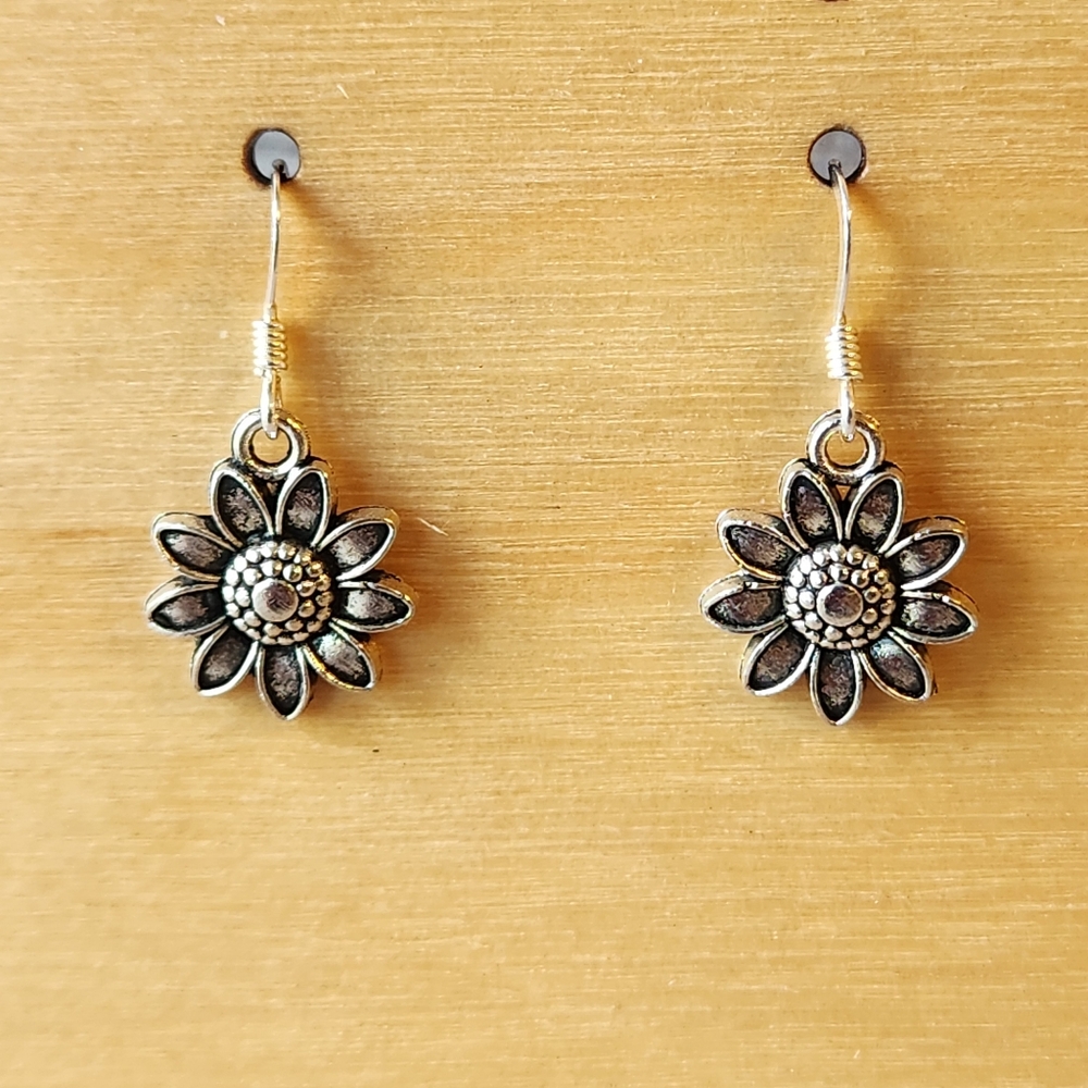 Sunflowers Charm Earrings on Sterling Silver French Earwires
